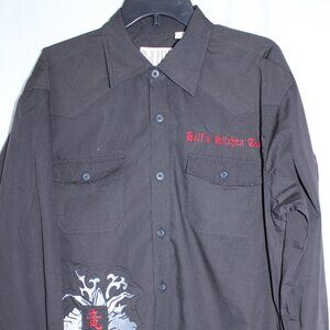 D-Lux Shirt Mens L Hell's Kitchen Tattoo Black Long Sleeve Button Skull Hearts